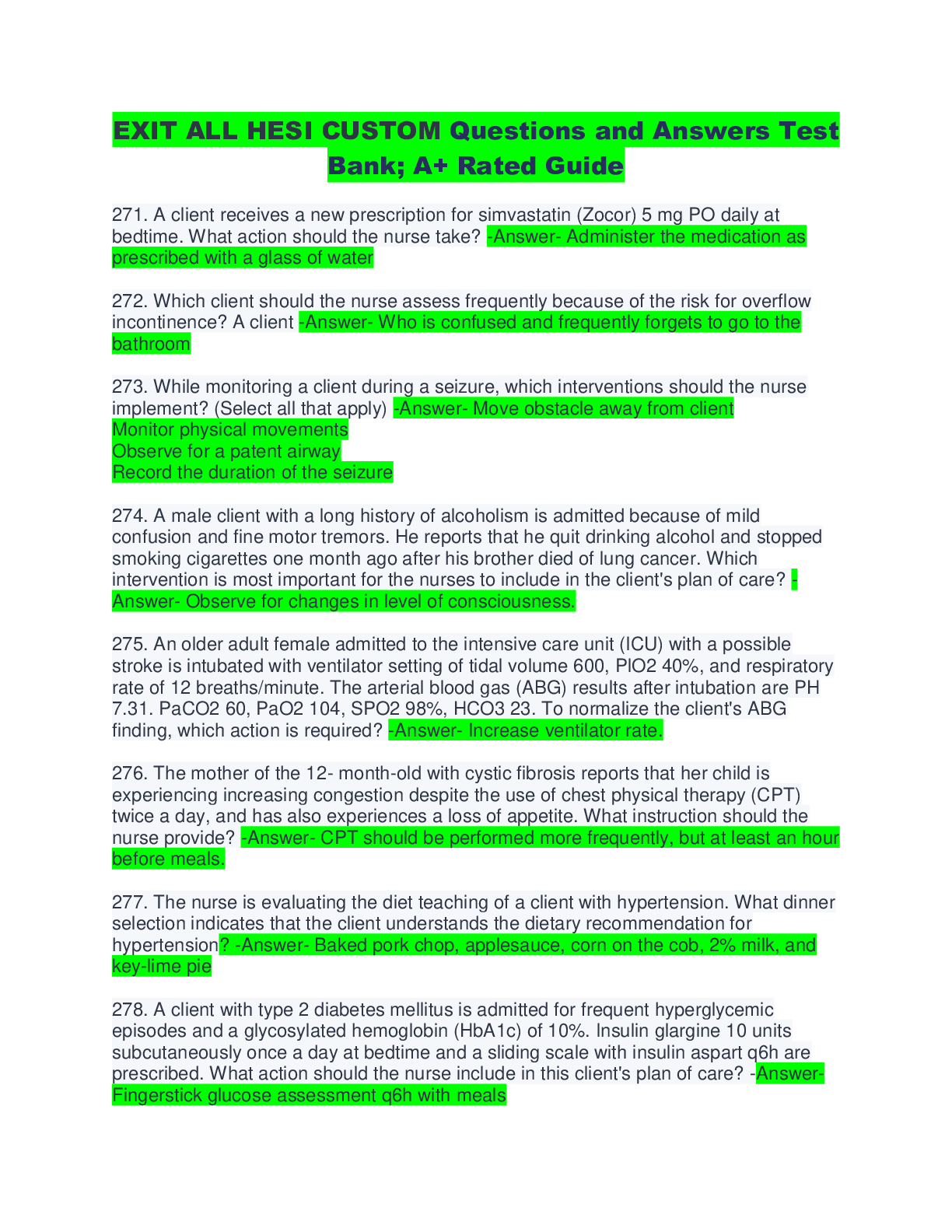 Preview image for EXIT ALL HESI CUSTOM Questions and Answers Test Bank; A+ Rated Guide